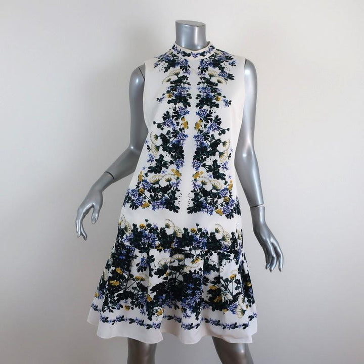 Erdem Dress Nena White Floral Print Cotton-Blend Size 8 Sleeveless Flounce Hem - Celebrity Owned