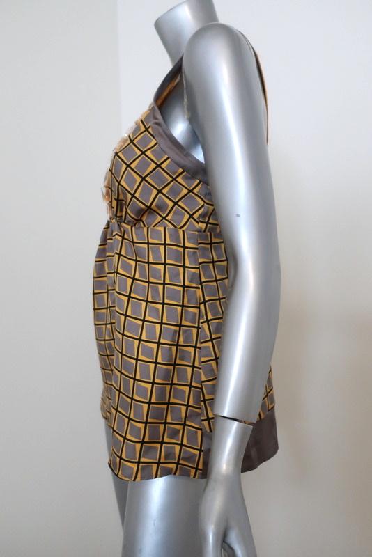 Etro Beaded Tank Yellow/Gray Printed Silk Twill Size 44 Crisscross-Strap Top - Celebrity Owned
