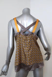 Etro Beaded Tank Yellow/Gray Printed Silk Twill Size 44 Crisscross-Strap Top - Celebrity Owned