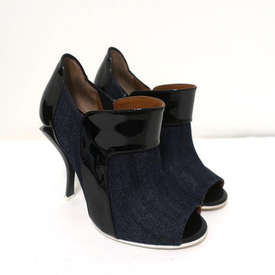 Fendi Booties Dark Denim & Black Patent Leather Size 36 Peep-Toe Heel - Celebrity Owned