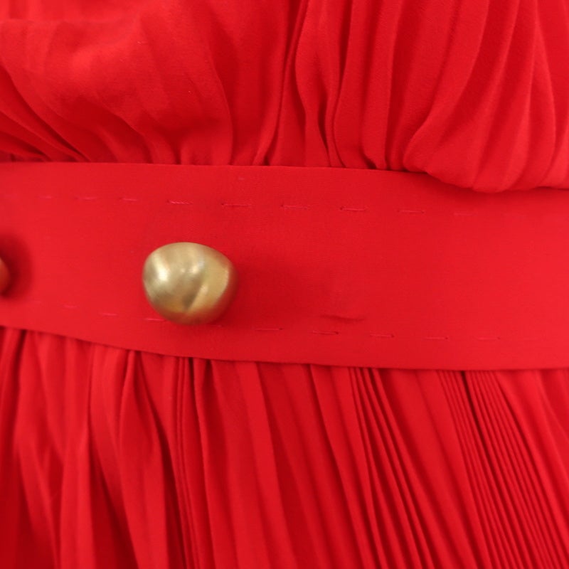Fendi Dress Red Accordion Pleated Silk Size 40 Sleeveless Belted - Celebrity Owned