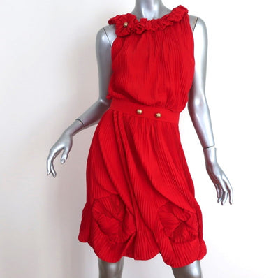 Fendi Dress Red Accordion Pleated Silk Size 40 Sleeveless Belted - Celebrity Owned