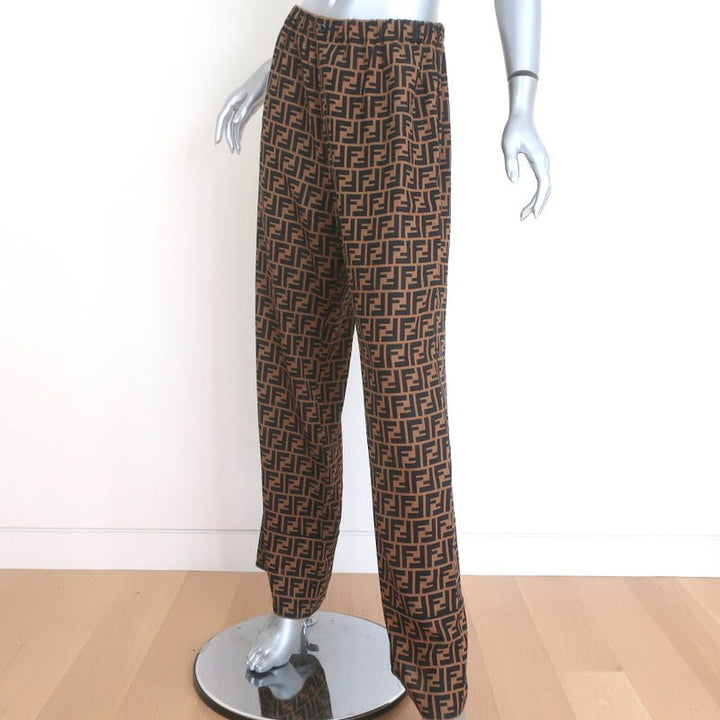 Fendi FF Logo Print Pajama Trousers Brown/Black Silk Twill Size 44 - Celebrity Owned