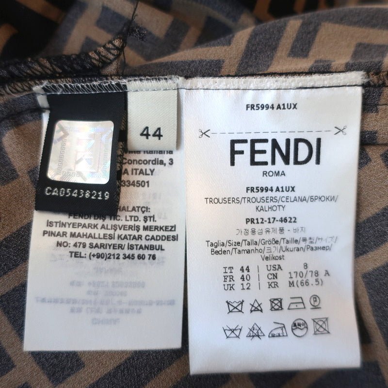Fendi FF Logo Print Pajama Trousers Brown/Black Silk Twill Size 44 - Celebrity Owned