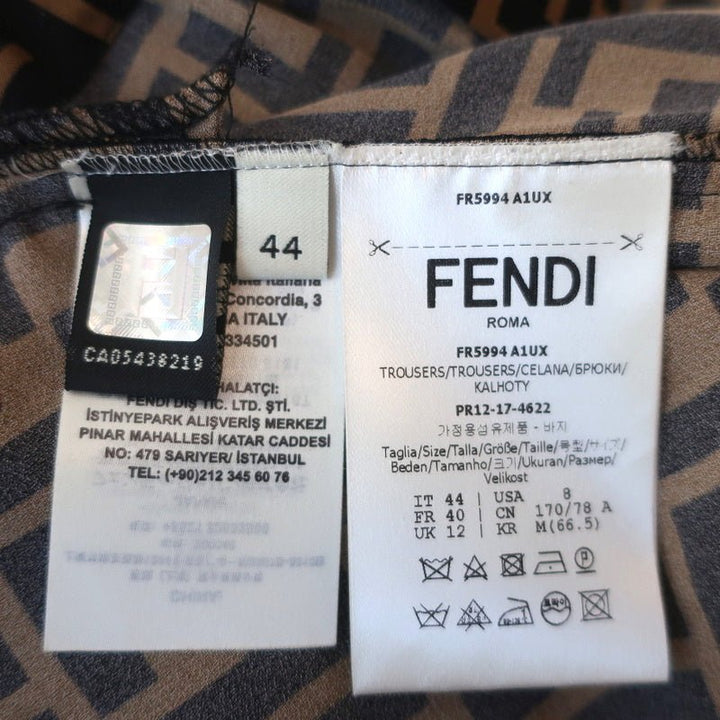 Fendi FF Logo Print Pajama Trousers Brown/Black Silk Twill Size 44 - Celebrity Owned