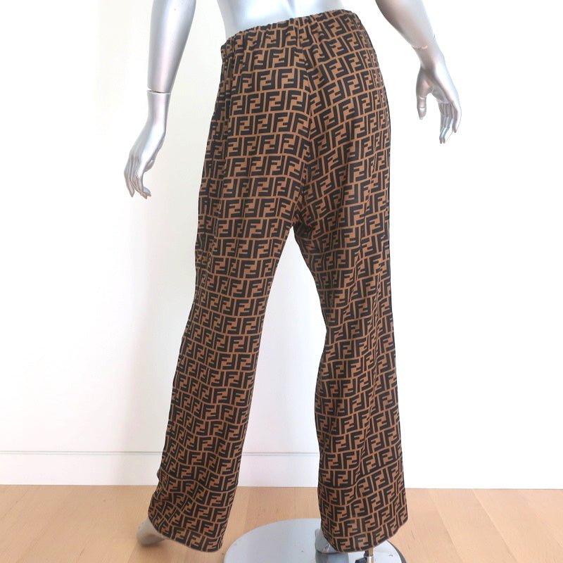 Fendi FF Logo Print Pajama Trousers Brown/Black Silk Twill Size 44 - Celebrity Owned