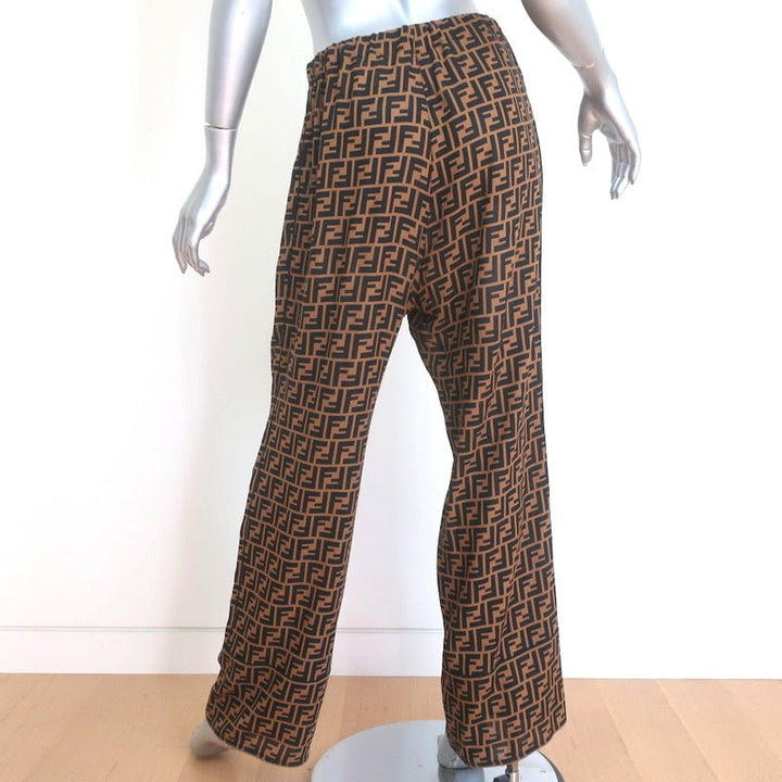 Fendi FF Logo Print Pajama Trousers Brown/Black Silk Twill Size 44 - Celebrity Owned