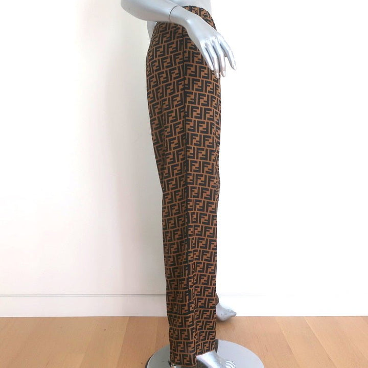 Fendi FF Logo Print Pajama Trousers Brown/Black Silk Twill Size 44 - Celebrity Owned