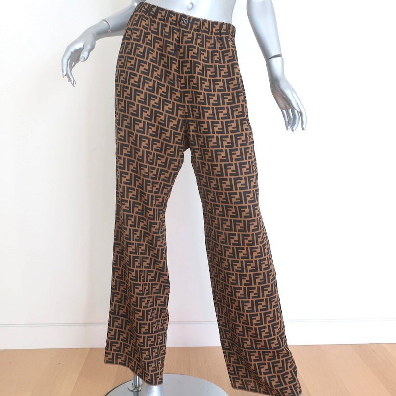 Fendi FF Logo Print Pajama Trousers Brown/Black Silk Twill Size 44 - Celebrity Owned