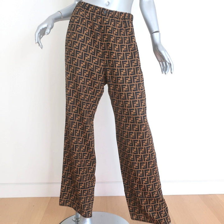 Fendi FF Logo Print Pajama Trousers Brown/Black Silk Twill Size 44 - Celebrity Owned