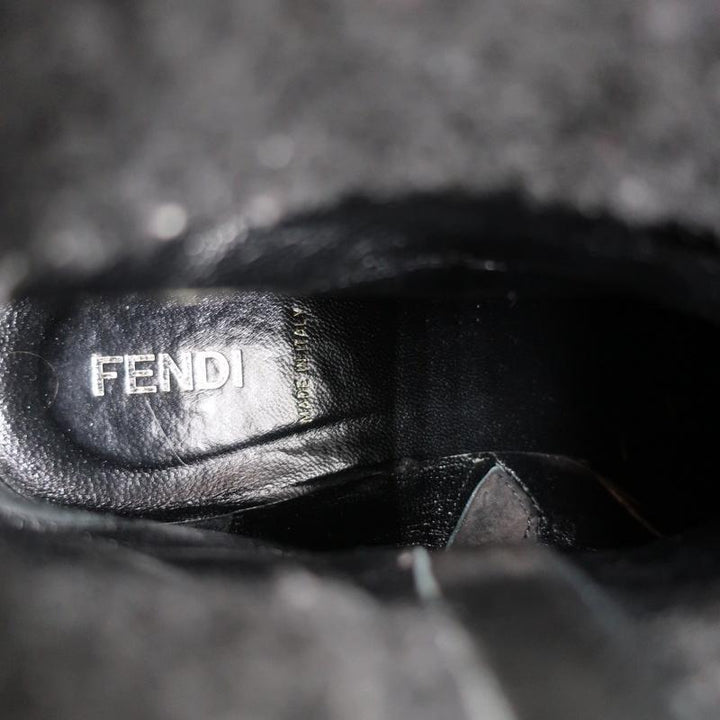 Fendi Foldover Shearling Ankle Boots Black Suede Size 37.5 Flat Booties - Celebrity Owned
