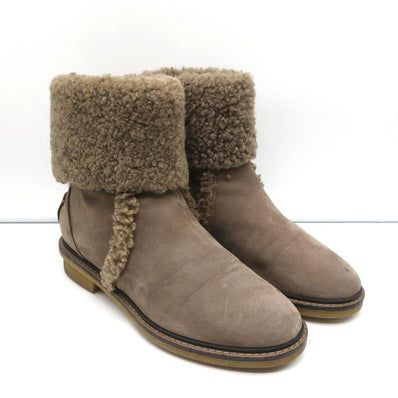 Fendi Foldover Shearling Ankle Boots Taupe Suede Size 37.5 Flat Booties - Celebrity Owned