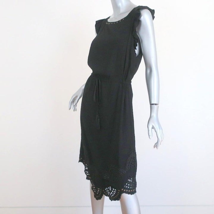 Flannel Dress Black Eyelet-Embroidered Studded Viscose Size 2 Sleeveless - Celebrity Owned