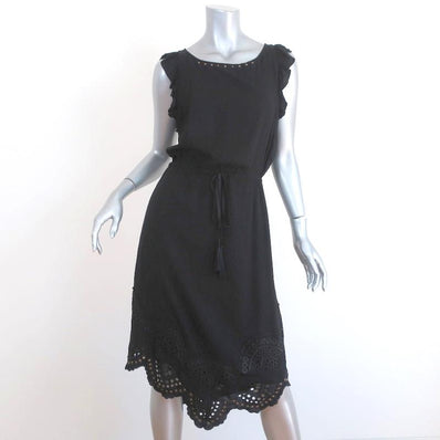 Flannel Dress Black Eyelet-Embroidered Studded Viscose Size 2 Sleeveless - Celebrity Owned