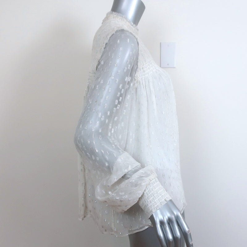 FRAME Blouse White/Silver Metallic Dot Smocked Gauze Size Small Long Sleeve Top - Celebrity Owned