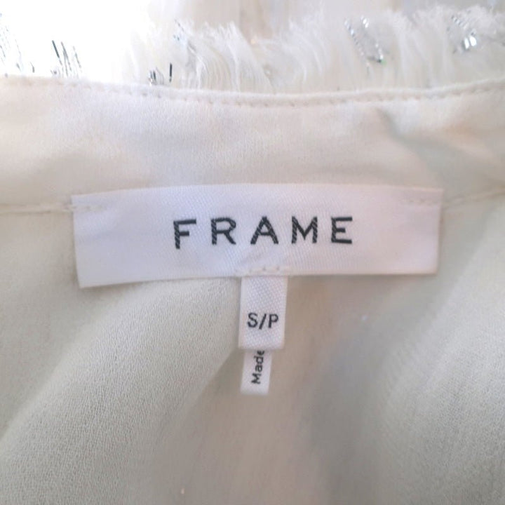 FRAME Blouse White/Silver Metallic Dot Smocked Gauze Size Small Long Sleeve Top - Celebrity Owned