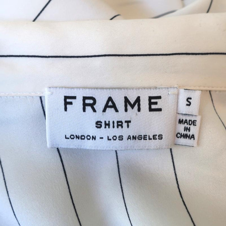 FRAME Pajama Shirt White &amp; Navy Pinstripe Silk Size Small Long Sleeve Blouse - Celebrity Owned