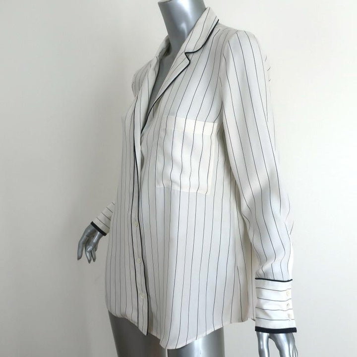 FRAME Pajama Shirt White &amp; Navy Pinstripe Silk Size Small Long Sleeve Blouse - Celebrity Owned