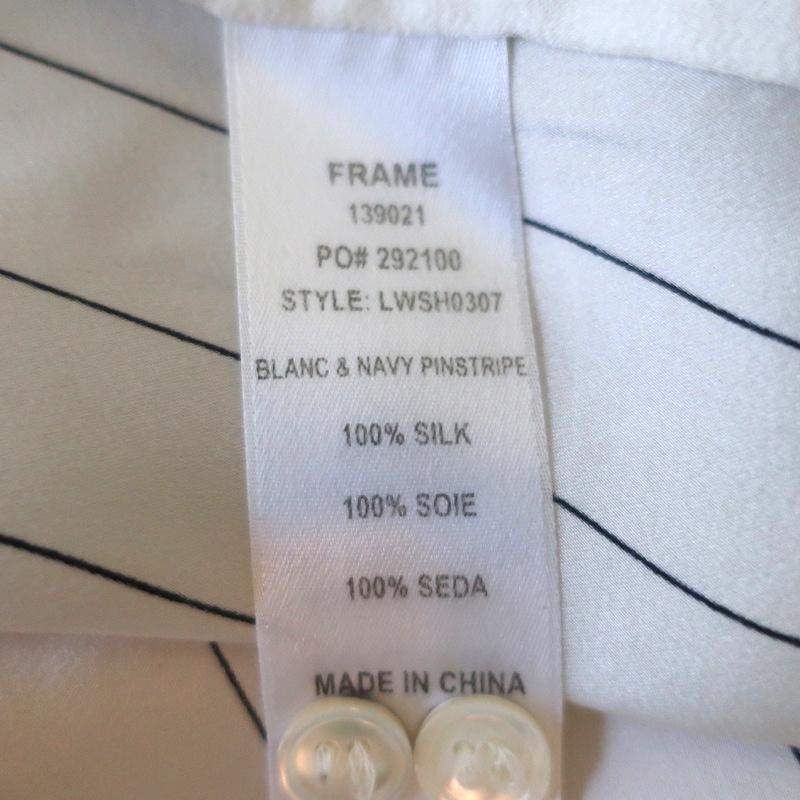 FRAME Pajama Shirt White &amp; Navy Pinstripe Silk Size Small Long Sleeve Blouse - Celebrity Owned