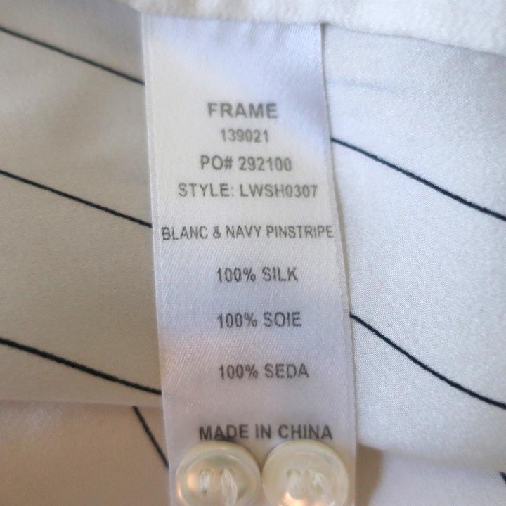 FRAME Pajama Shirt White &amp; Navy Pinstripe Silk Size Small Long Sleeve Blouse - Celebrity Owned