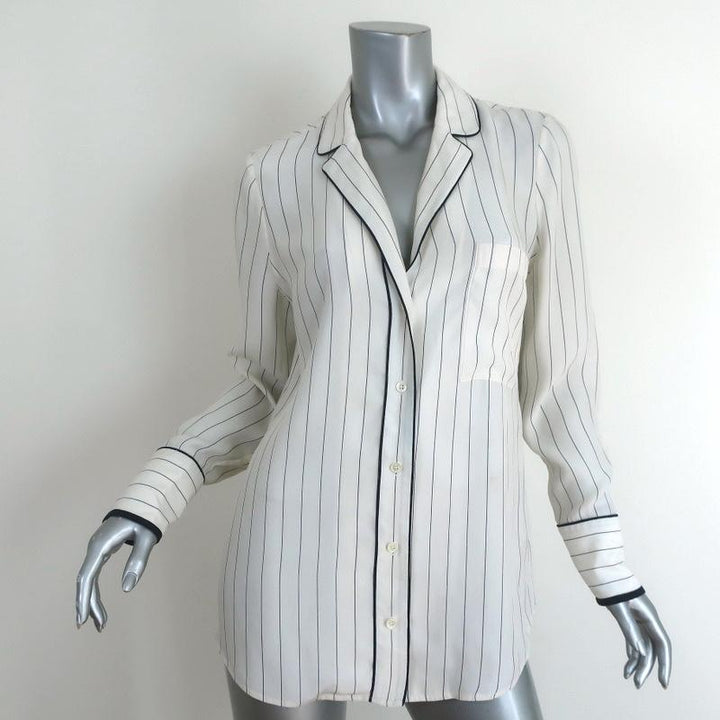FRAME Pajama Shirt White &amp; Navy Pinstripe Silk Size Small Long Sleeve Blouse - Celebrity Owned