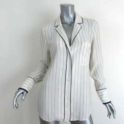 FRAME Pajama Shirt White & Navy Pinstripe Silk Size Small Long Sleeve Blouse - Celebrity Owned