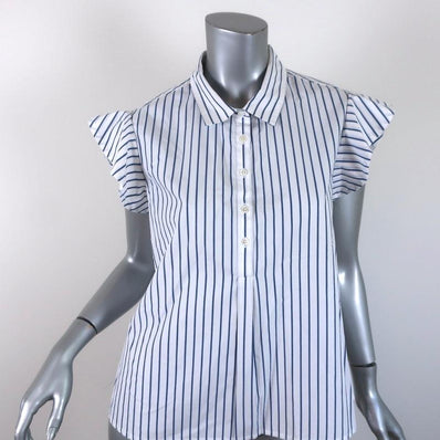 FRAME Popover Blouse White/Blue Striped Cotton Size Small Flounce Sleeve Top - Celebrity Owned