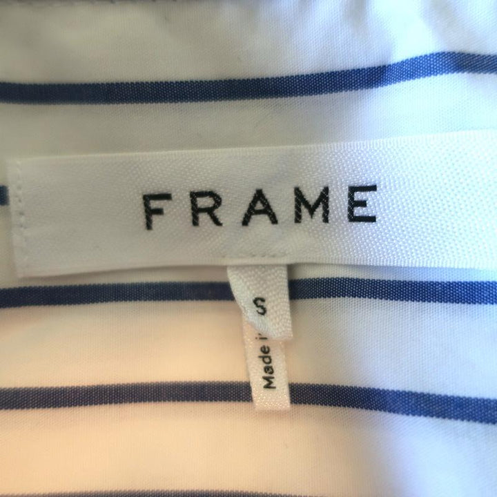 FRAME Popover Blouse White/Blue Striped Cotton Size Small Flounce Sleeve Top - Celebrity Owned
