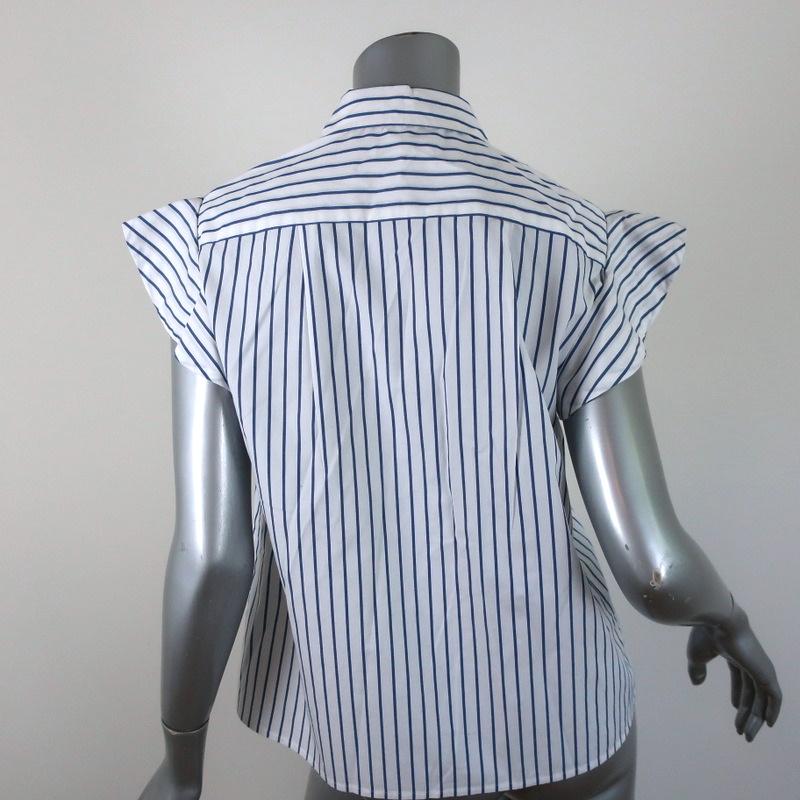 FRAME Popover Blouse White/Blue Striped Cotton Size Small Flounce Sleeve Top - Celebrity Owned