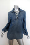 FRAME Shirt Lace-Up Blouse Hadley Chambray Denim Size Small Long Sleeve Top - Celebrity Owned