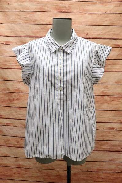Frame Top White/Blue Striped Cotton Size Medium Flutter Sleeve Popover Shirt - Celebrity Owned