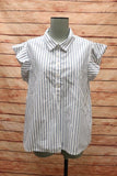 Frame Top White/Blue Striped Cotton Size Medium Flutter Sleeve Popover Shirt - Celebrity Owned