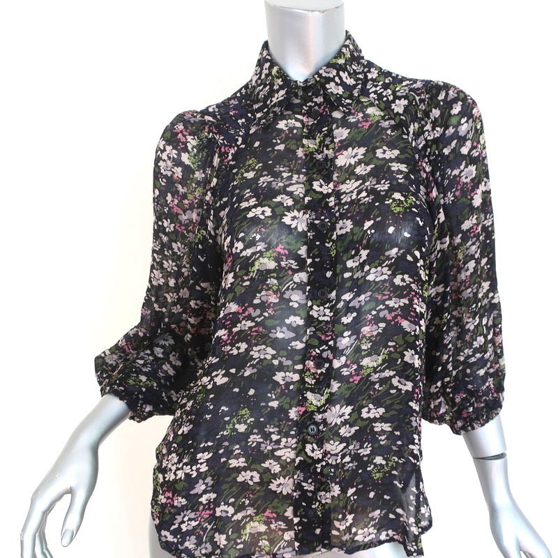 Ganni Button Down Blouse Black Floral Print Crepe Size 32 Blouson