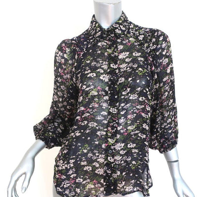 Ganni Button Down Blouse Black Floral Print Crepe Size 32 Blouson Sleeve Top - Celebrity Owned