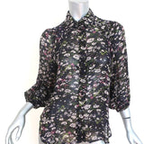 Ganni Button Down Blouse Black Floral Print Crepe Size 32 Blouson Sleeve Top - Celebrity Owned