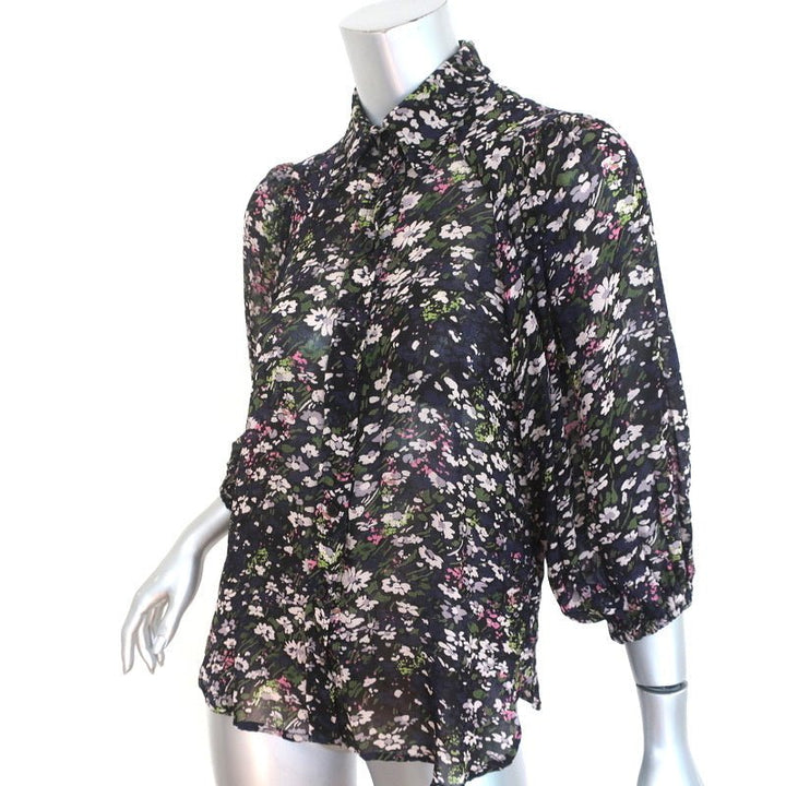 Ganni Button Down Blouse Black Floral Print Crepe Size 32 Blouson Sleeve Top - Celebrity Owned