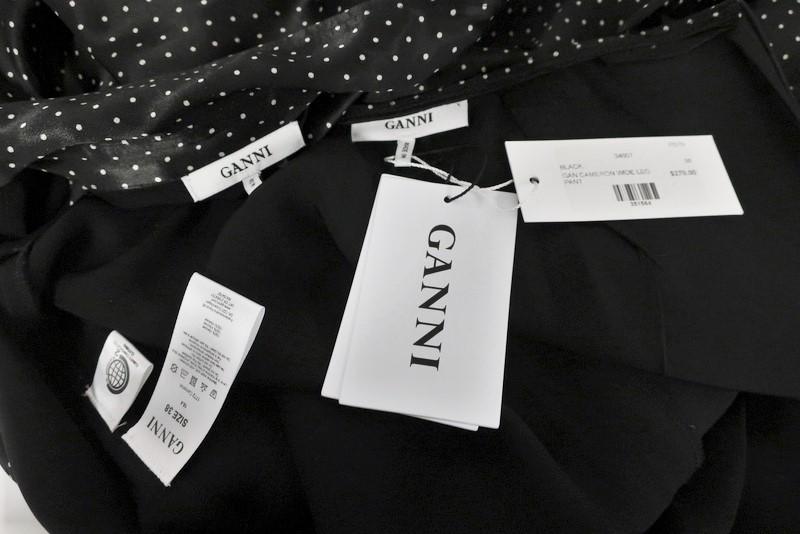Ganni Matching Shirt &amp; Pants Set Cameron Black Polka Dot Print Satin Size 38 NEW - Celebrity Owned