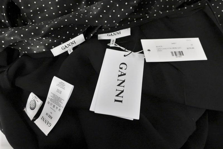 Ganni Matching Shirt &amp; Pants Set Cameron Black Polka Dot Print Satin Size 38 NEW - Celebrity Owned