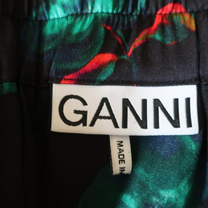 Ganni Tie-Front Midi Skirt Black Floral Print Stretch Satin Size 36 - Celebrity Owned