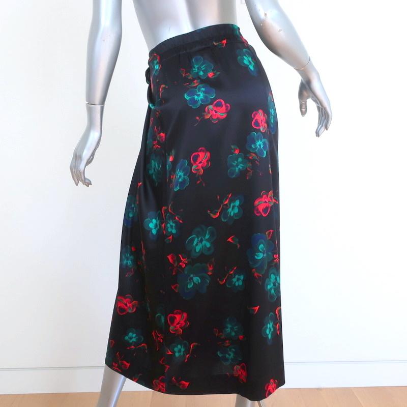 Ganni Tie-Front Midi Skirt Black Floral Print Stretch Satin Size 36 - Celebrity Owned