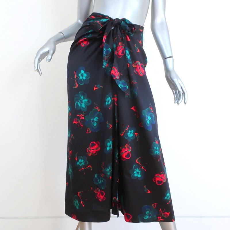 Ganni Tie-Front Midi Skirt Black Floral Print Stretch Satin Size 36 - Celebrity Owned