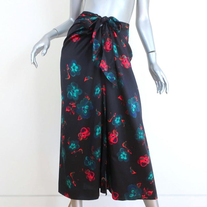 Ganni Tie-Front Midi Skirt Black Floral Print Stretch Satin Size 36 - Celebrity Owned