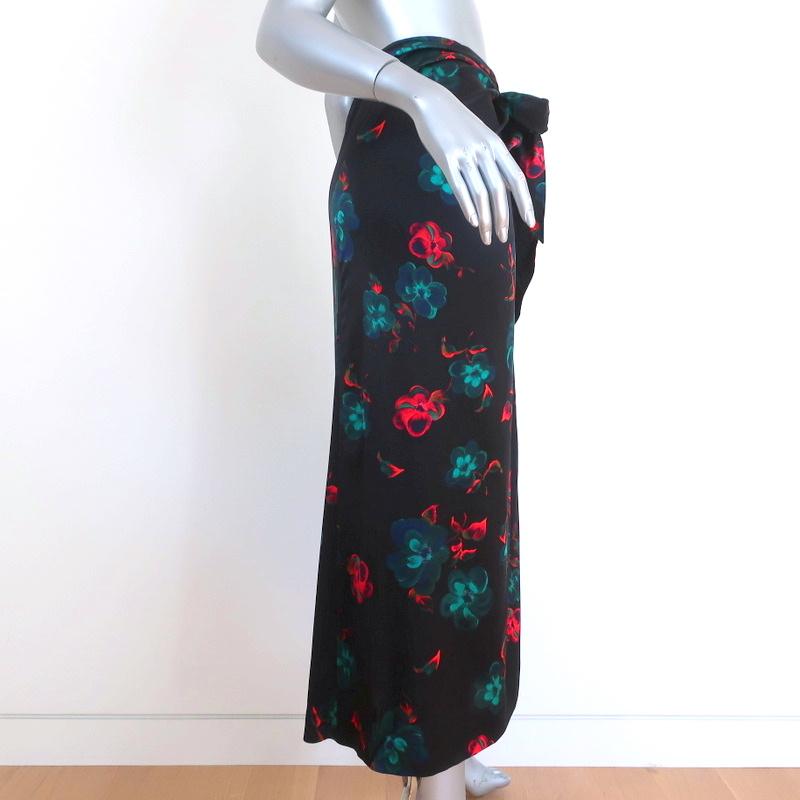 Ganni Tie-Front Midi Skirt Black Floral Print Stretch Satin Size 36 - Celebrity Owned