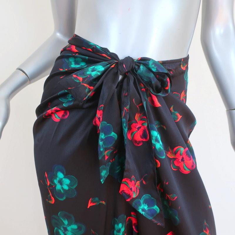 Ganni Tie-Front Midi Skirt Black Floral Print Stretch Satin Size 36 - Celebrity Owned