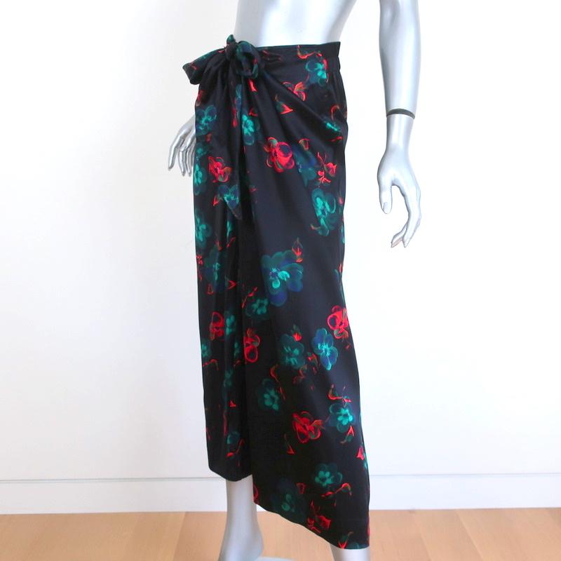 Ganni Tie-Front Midi Skirt Black Floral Print Stretch Satin Size 36 - Celebrity Owned
