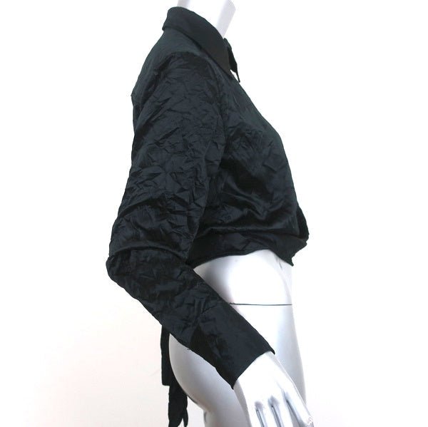 GANNI Wrap Shirt Black Crinkled Satin Size 36 Long Sleeve Blouse NEW - Celebrity Owned