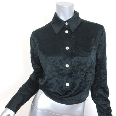 GANNI Wrap Shirt Black Crinkled Satin Size 36 Long Sleeve Blouse NEW - Celebrity Owned
