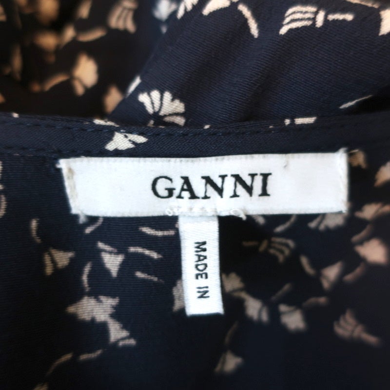 Ganni Wrap Top Barra Navy Printed Crepe Size 40 Puff Sleeve Blouse - Celebrity Owned