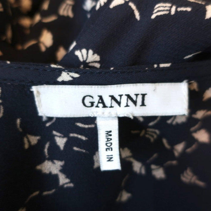 Ganni Wrap Top Barra Navy Printed Crepe Size 40 Puff Sleeve Blouse - Celebrity Owned