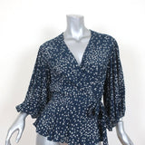 Ganni Wrap Top Barra Navy Printed Crepe Size 40 Puff Sleeve Blouse - Celebrity Owned